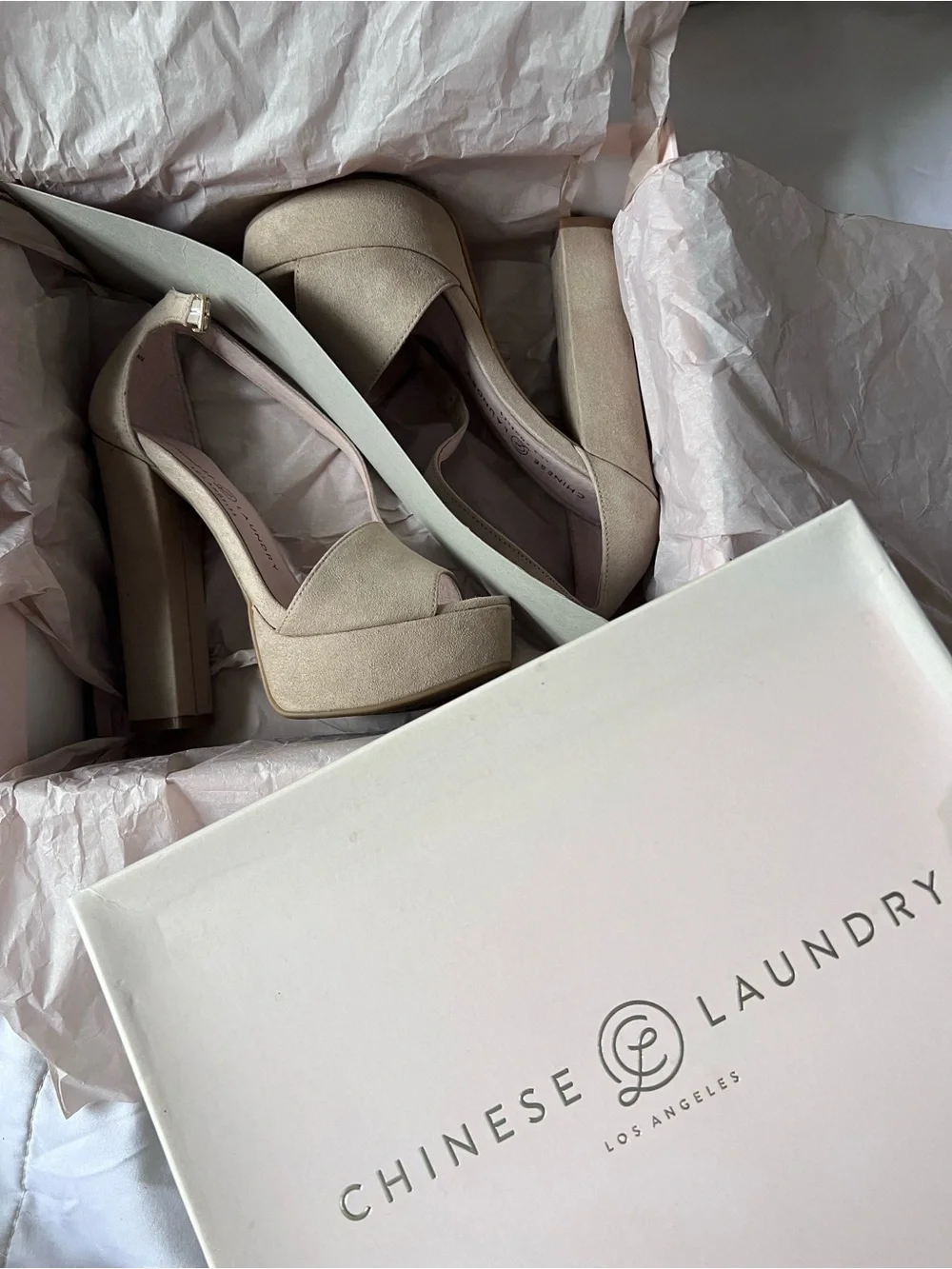 Chinese Laundry Taupe Suede Platform Ankle-Strap Heels